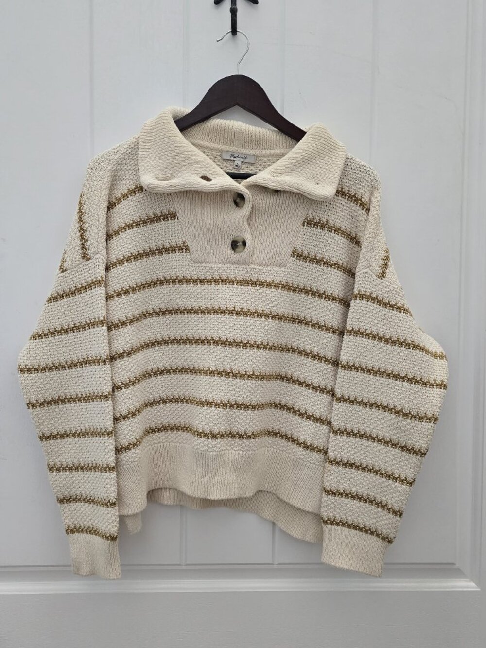 Madewell Cream Gold Stripe Collared Pullover Sweater Button Henley Size L
